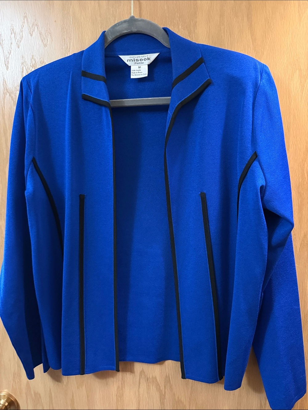 Misook Cobalt Blue Open-Front Jacket with Black Trim